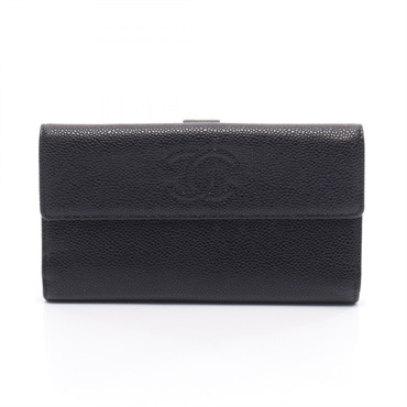 CHANEL COCO Mark Bifold purse wallet Calfskin leather Black Used Women