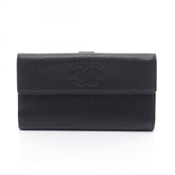 CHANEL COCO Mark Bifold purse wallet Calfskin leather Black Used Women