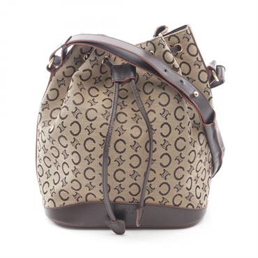 CELINE C Macadam Drawstring Shoulder Bag canvas leather Beige Brown Used Women