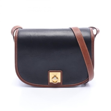 CELINE Shoulder Crossbody Bag leather Navy Brown GHW Used Women