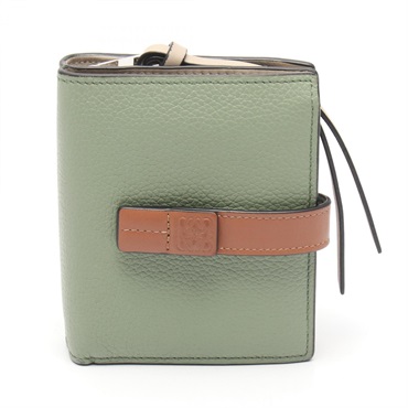 LOEWE Anagram Compact Zip Bi-fold Wallet Purse leather Green Brown Used Women