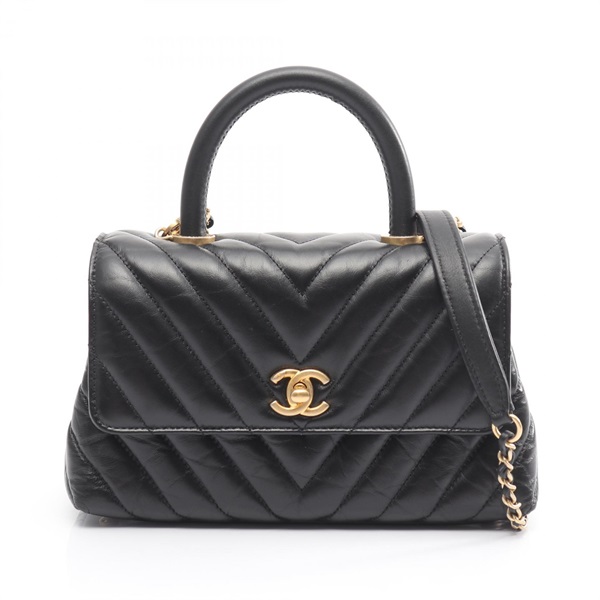 CHANEL Coco Handle Flap V-Stitch Chevron chain shoulder Handbag A92990 black GHW