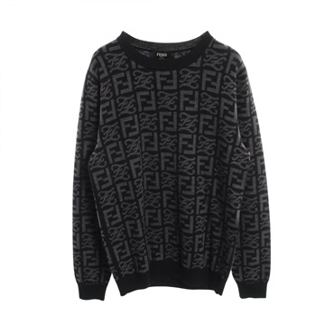 FENDI FF logo print crew neck knitwear sweater #48 wool Black Gray Used mens