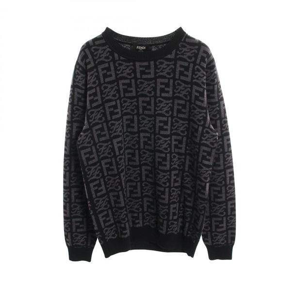 FENDI FF logo print crew neck knitwear sweater #48 wool Black Gray Used mens