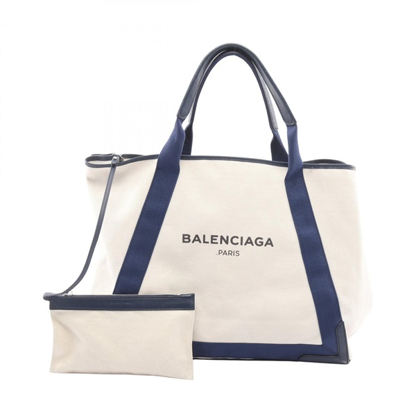 BALENCIAGA NAVY CABAS M shoulder Tote hand Bag 339936 canvas leather used