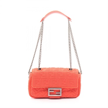 FENDI Baguette Chain Midi FF Pattern Shoulder Bag 8BR793 leather Fabric Red Used