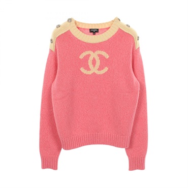 CHANEL COCO Mark Crew Neck Knitwear #36 P73911K10586 cashmere Pink Yellow Used