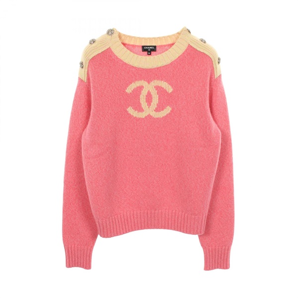 CHANEL COCO Mark Crew Neck Knitwear #36 P73911K10586 cashmere Pink Yellow Used