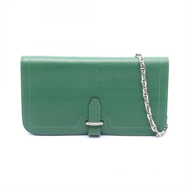 HERMES Biker Chain Wallet Mini Handbag WOC Evercolor leather Green SHW Used N