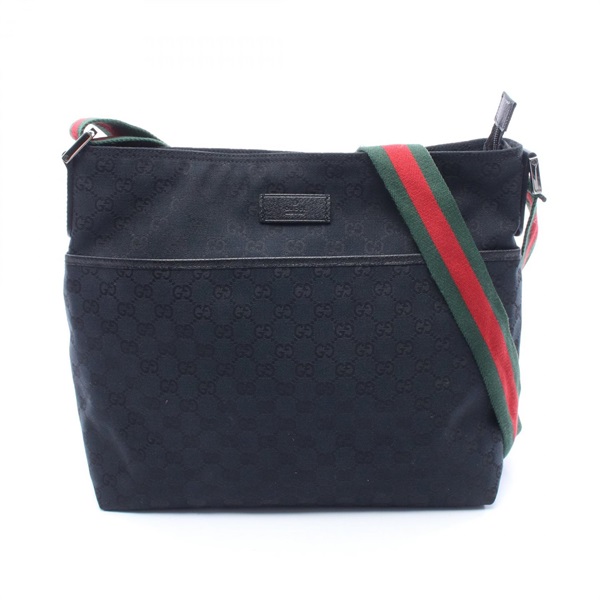GUCCI GG canvas sherry line Shoulder Bag 189751 leather Navy Black Used Women