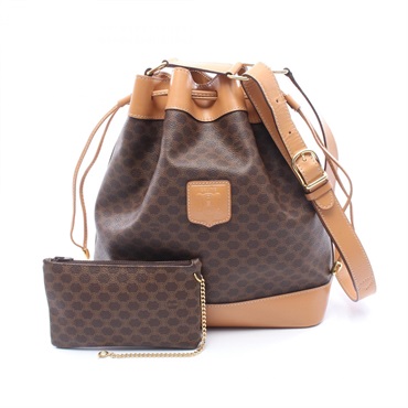 CELINE Macadam Drawstring Shoulder Bag PVC coated canvas leather Brown Used