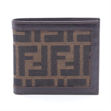FENDI Zucca Bi-fold wallet compact purse canvas leather Brown Used Women