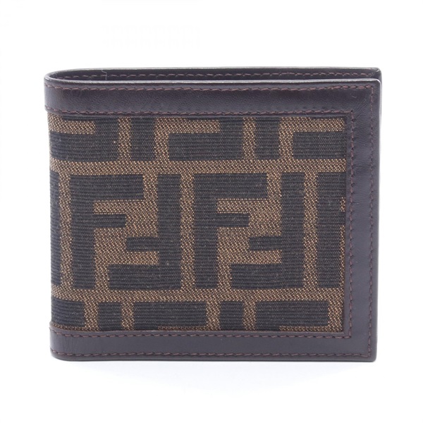 FENDI Zucca Bi-fold wallet compact purse canvas leather Brown Used Women