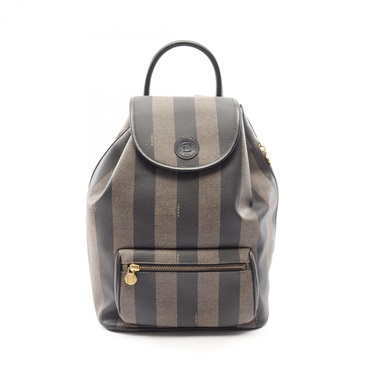 FENDI Pecan Rucksack Backpack PVC coated canvas leather Brown Black Used Women