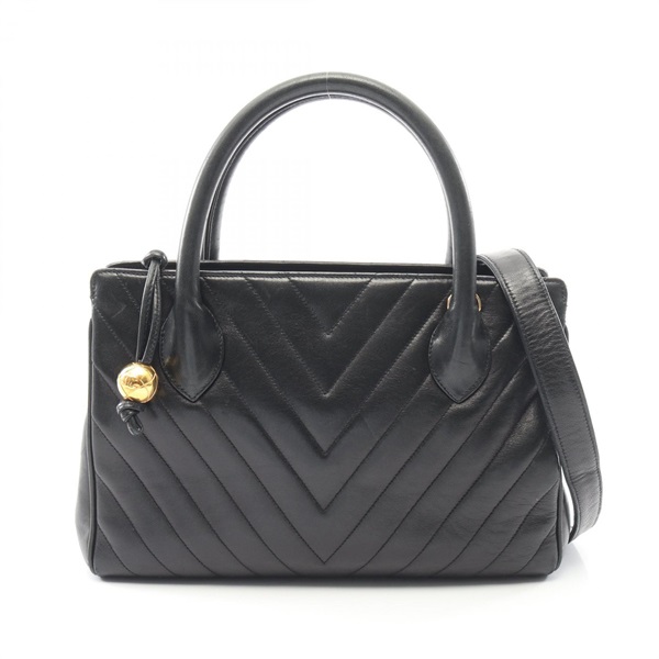 CHANEL Chevron V-stitch Shoulder Handbag Lamb sheep leather Black Used Women GHW