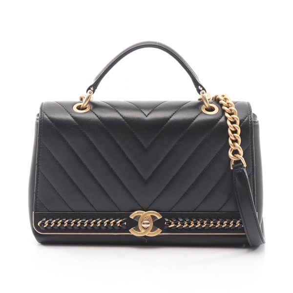 CHANEL V-stitch Chevron chain Shoulder hand Bag leather Black Used Women GHW