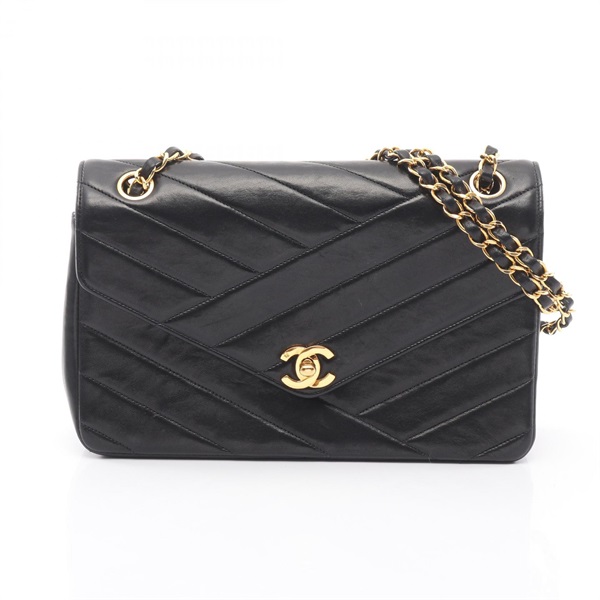 CHANEL Bias stitch chain Shoulder Bag Lambskin leather Black Used Women GHW