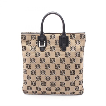 LOEWE anagram Tote hand Bag canvas leather Beige Black Used Women