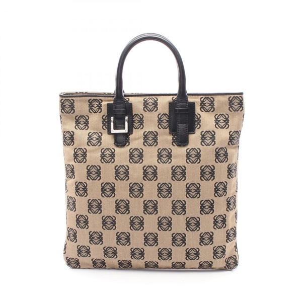 LOEWE anagram Tote hand Bag canvas leather Beige Black Used Women