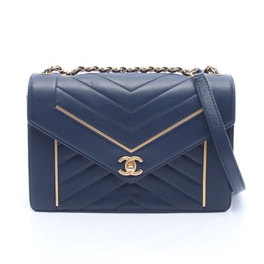 CHANEL Chevron V Stitch chain Shoulder hand Bag Lambskin Navy Used Women GHW