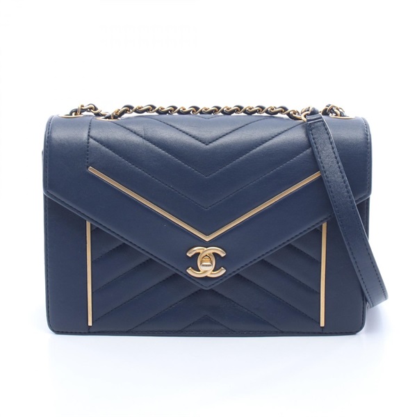 CHANEL Chevron V Stitch chain Shoulder hand Bag Lambskin Navy Used Women GHW