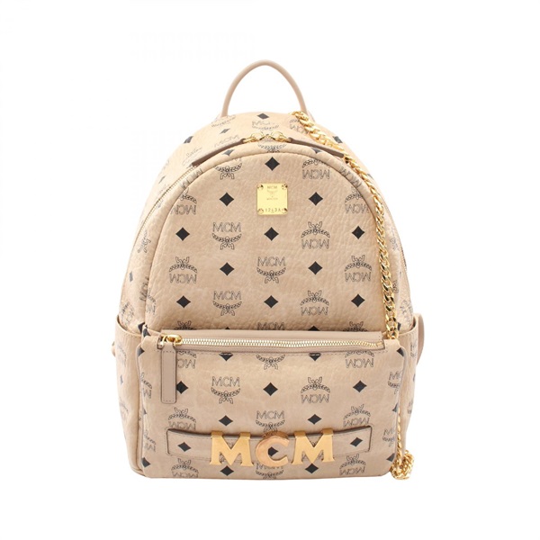 MCM Visetos Rucksack Backpack PVC coated canvas leather Beige GHW Used Women