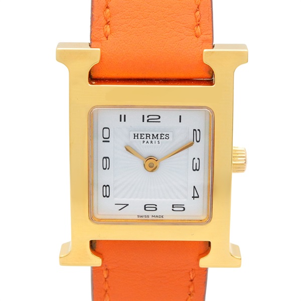 HERMES H Wrist Watch HH1.201 Quartz Gold Plated Leather belt Orange Used Women