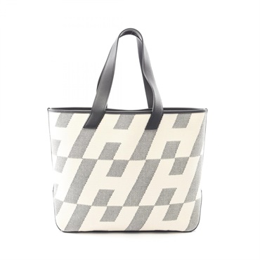 HERMES HH en Biais GM Tote Handbag Toile H canvas Swift leather Ecru Used Z