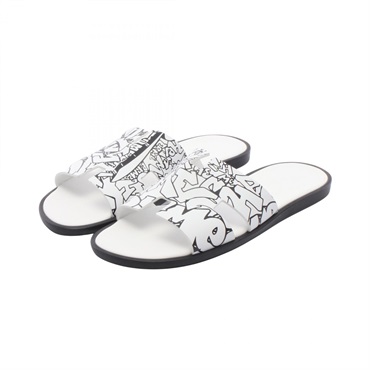HERMES Izmir Graff Flat Sandals Shoes #42 1/2 leather White Black White mens