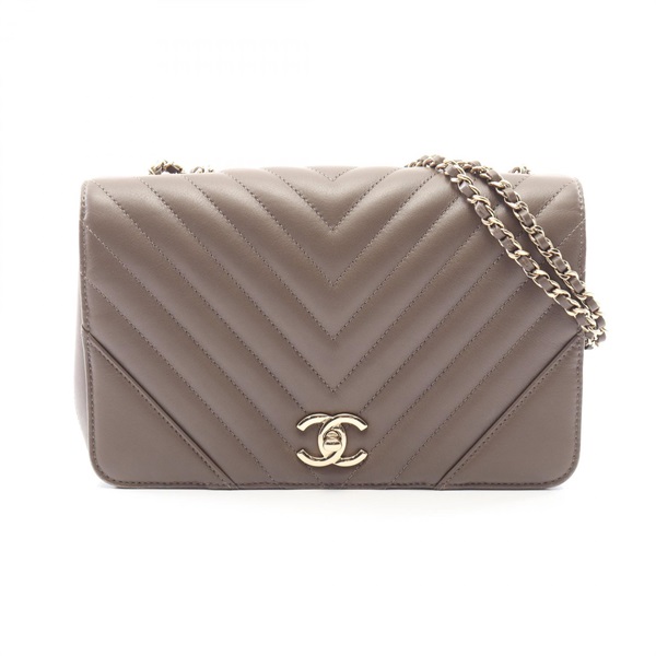 CHANEL V-stitch chevron full flap Shoulder Bag A91587 Lamb leather Beige Used CC
