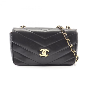 CHANEL V stitch Chain Crossbody Shoulder Bag Lamb leather Black Used Women GHW