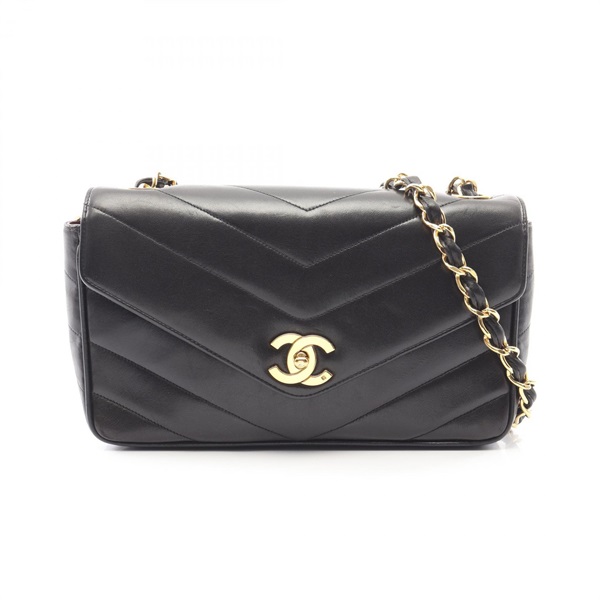CHANEL V stitch Chain Crossbody Shoulder Bag Lamb leather Black Used Women GHW
