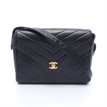CHANEL Chevron V Stitch Crossbody Shoulder Bag Lamb sheep leather Black Used GHW