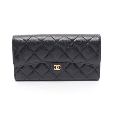 CHANEL Classic Long Flap Wallet Matelasse AP0241 Leather Black Used Women GHW CC