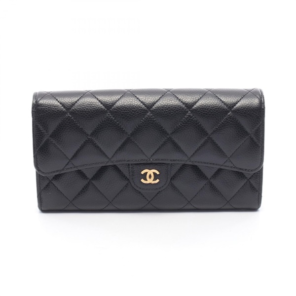 CHANEL Classic Long Flap Wallet Matelasse AP0241 Leather Black Used Women GHW CC