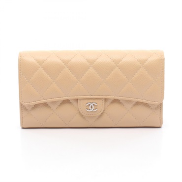 CHANEL Classic Long Flap Wallet Matelasse AP0241 Leather Beige Used Women SHW CC