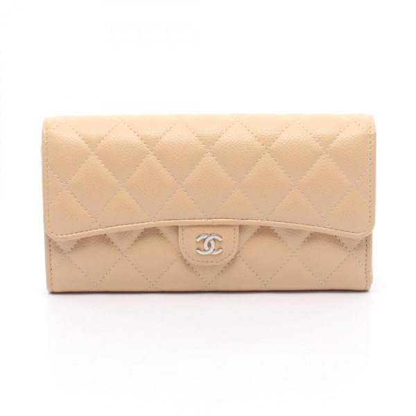 CHANEL Classic Long Flap Wallet Matelasse AP0241 Leather Beige Used Women SHW CC