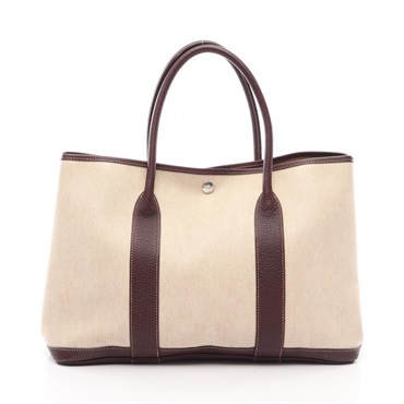 HERMES Garden Party PM Hand Tote Bag Toile H canvas Buffalo leather Beige Used