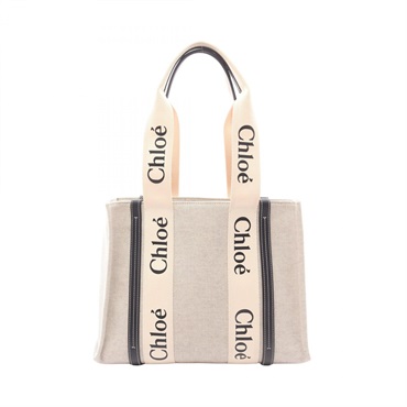 Chloe WOODY Medium Tote Shoulder Bag canvas leather Beige Black Used Women