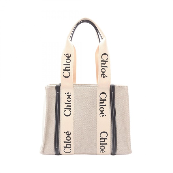 Chloe WOODY Medium Tote Shoulder Bag canvas leather Beige Black Used Women