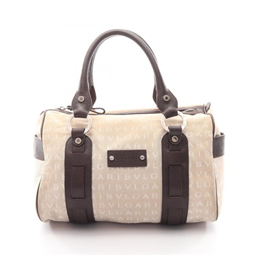 BVLGARI Logo mania Hand Tote Bag canvas leather Beige Brown Used Women
