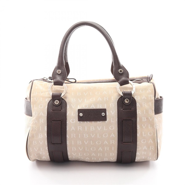 BVLGARI Logo mania Hand Tote Bag canvas leather Beige Brown Used Women