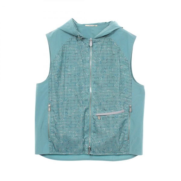 HERMES H-pattern check hooded reversible Jacket Vest Nylon Green Used mens #50