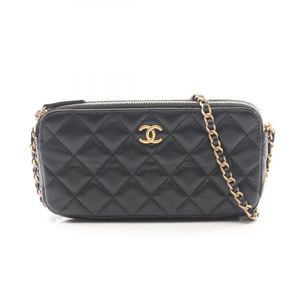 CHANEL Matelasse Chain Shoulder Crossbody Bag Wallet WOC leather Black GHW Used