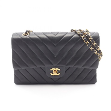 CHANEL Chevron V-Stitch W Flap Chain Shoulder Handbag leather Black GHW Used CC