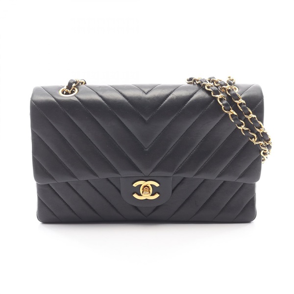 CHANEL Chevron V-Stitch W Flap Chain Shoulder Handbag leather Black GHW Used CC