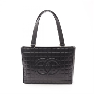 CHANEL Chocolate bar COCO Mark Tote Bag Lamb sheep leather Black Used Women GHW