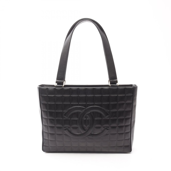 CHANEL Chocolate bar COCO Mark Tote Bag Lamb sheep leather Black Used Women GHW