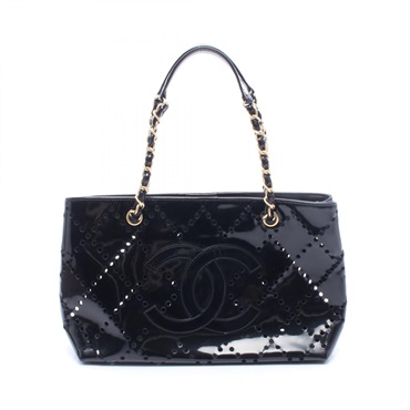 CHANEL COCO Mark Punching Shoulder Tote Bag Patent leather Black Used Women GHW