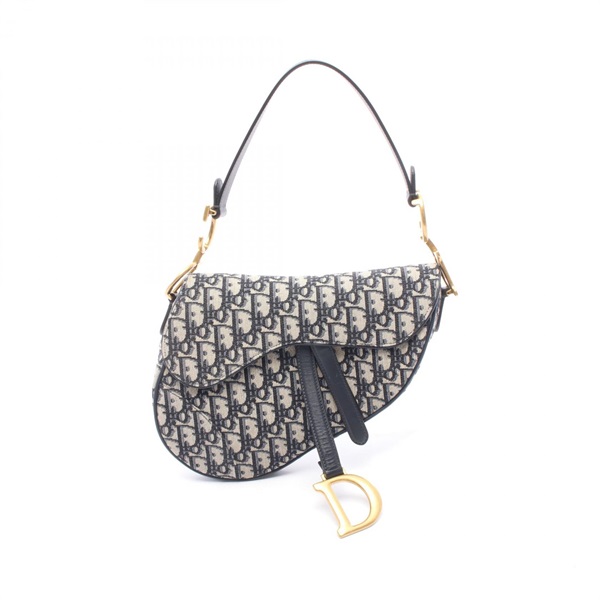 Christian Dior SADDLE Oblique Shoulder Handbag  canvas leather Navy Beige Used